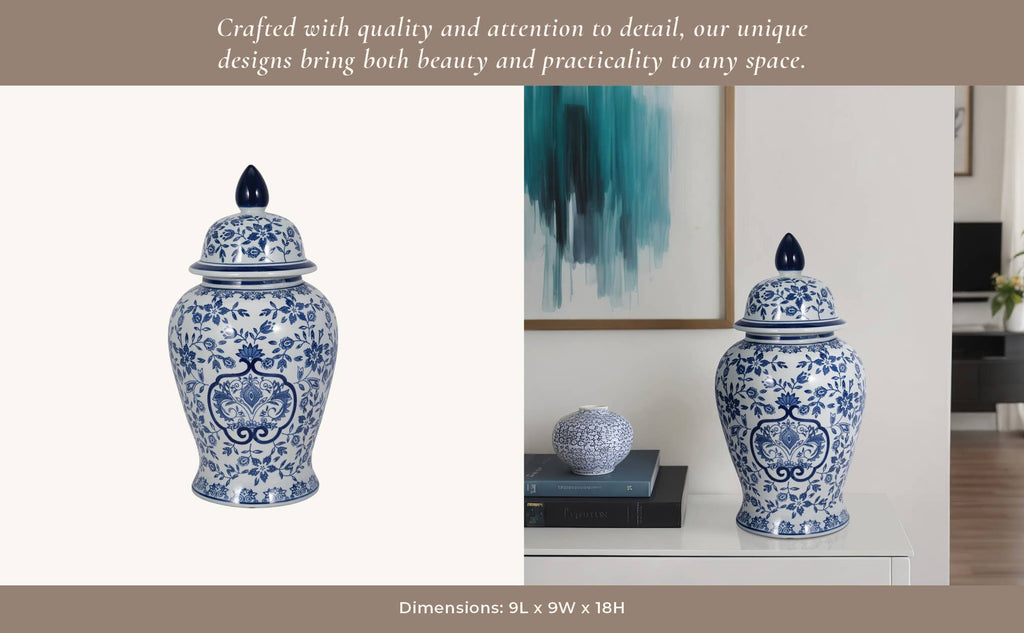 Temple Jar - White/Blue Ceramic Chinoiserie Charm, 18 in.