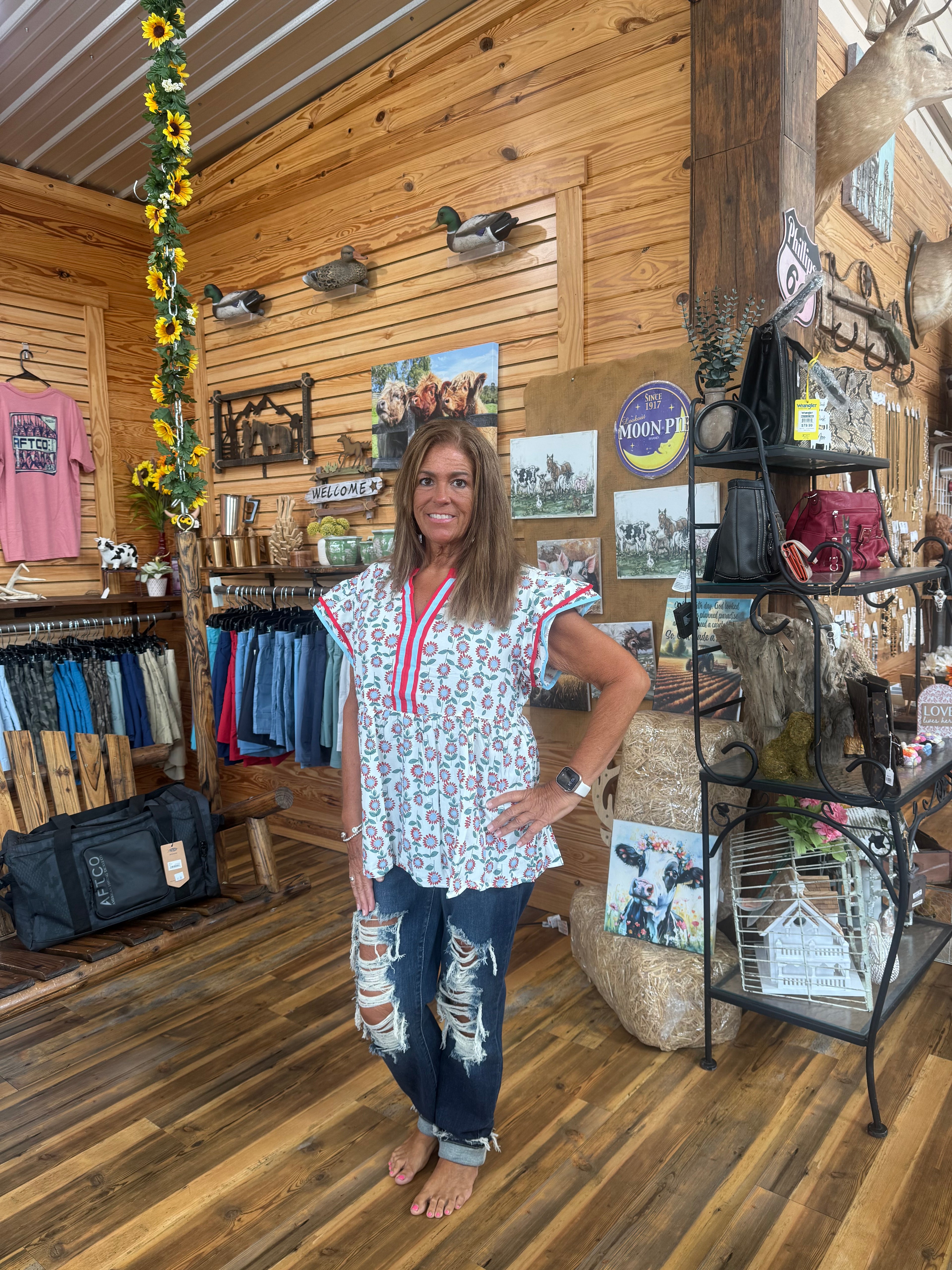 Red/Blue Floral Flutter Blouse
