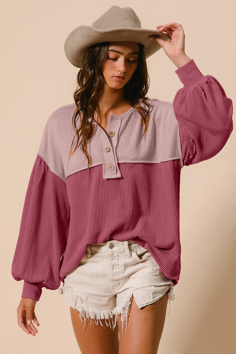 Ribbed Button Up Colorblock Top Mauve