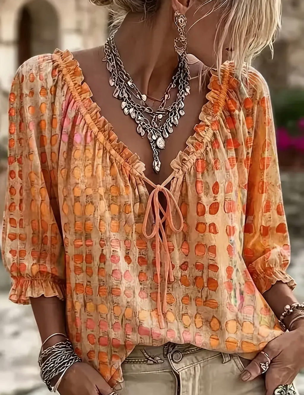Plus Abstract Rustic Blouse Orange