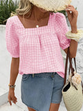 Pink Gingham Square Neck Blouse