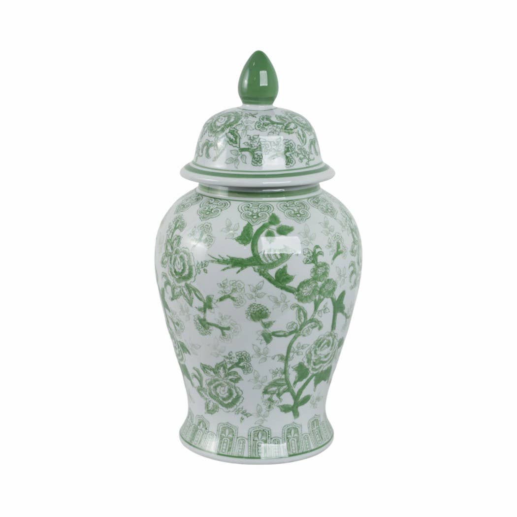 Ceramic Bird Flower Decorative Temple Jar - Green, 18 in.