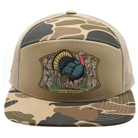 Adult 7 Panel Camo Turkey Snapback Hat: Khaki