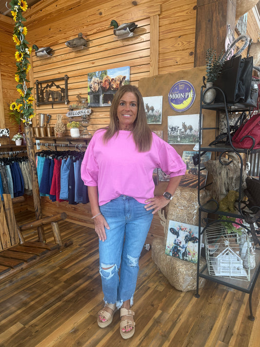 3/4 Balloon Sleeve Top, Candy Pink