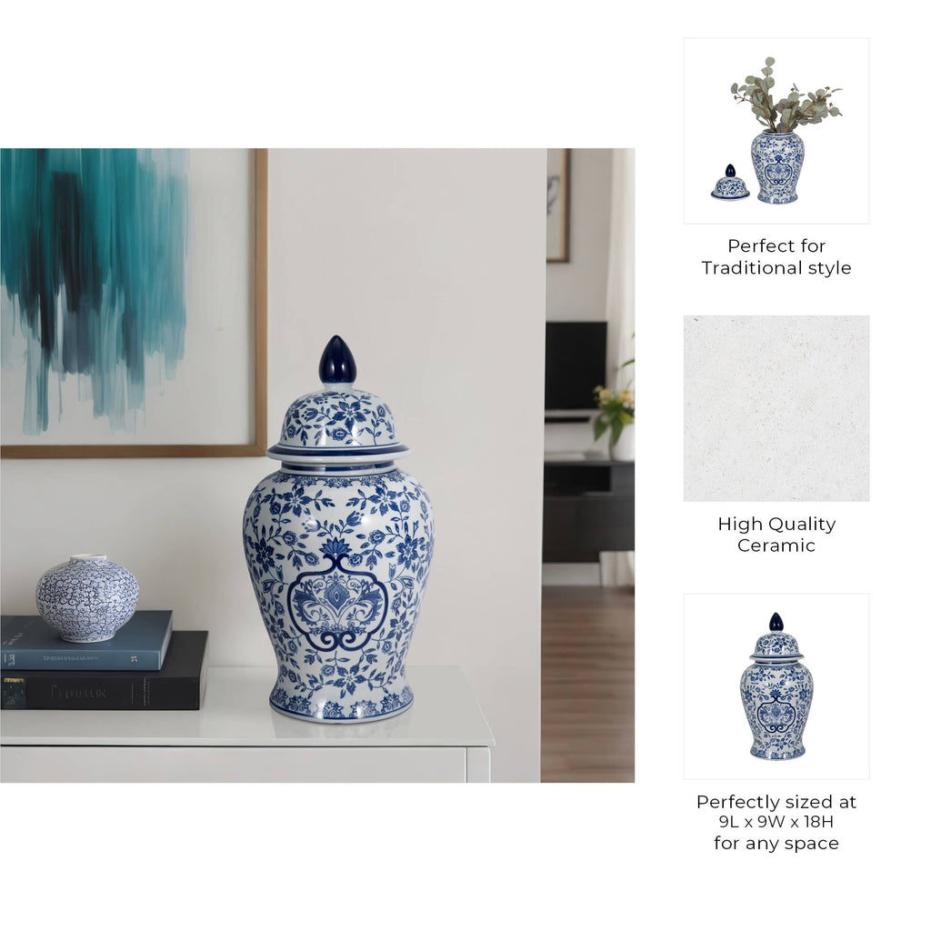 Temple Jar - White/Blue Ceramic Chinoiserie Charm, 18 in.