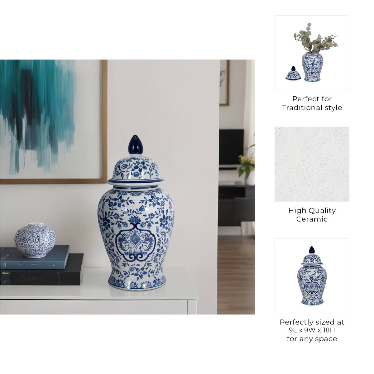 Temple Jar - White/Blue Ceramic Chinoiserie Charm, 18 in.