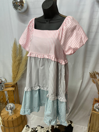 Puff Striped Colorblock Tiered Dress