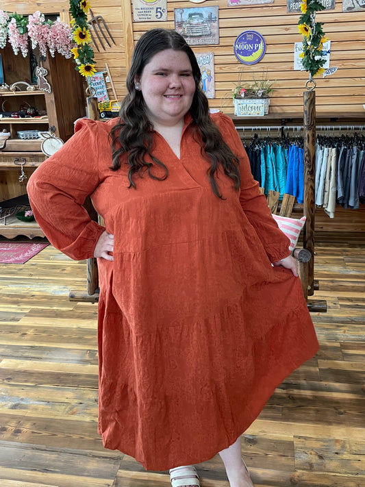 Plus V-Neck Tiered Burnt Orange Dress