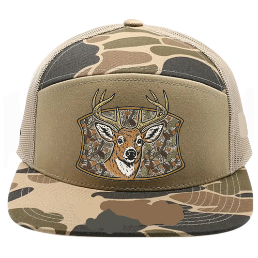 Adult 7 Panel Camo Deer Buck Snapback Hat: Khaki