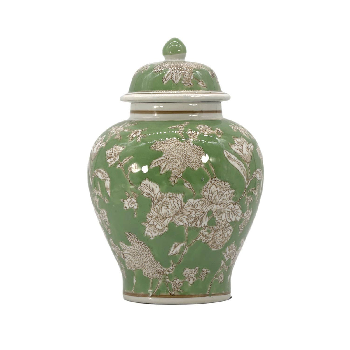 Green & White  Floral Peony Ceramic Chinoiserie Jar 12"