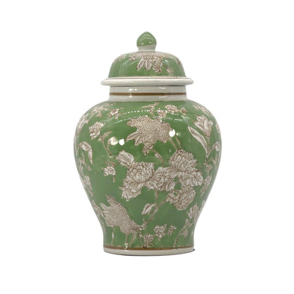 Green & White  Floral Peony Ceramic Chinoiserie Jar 12"
