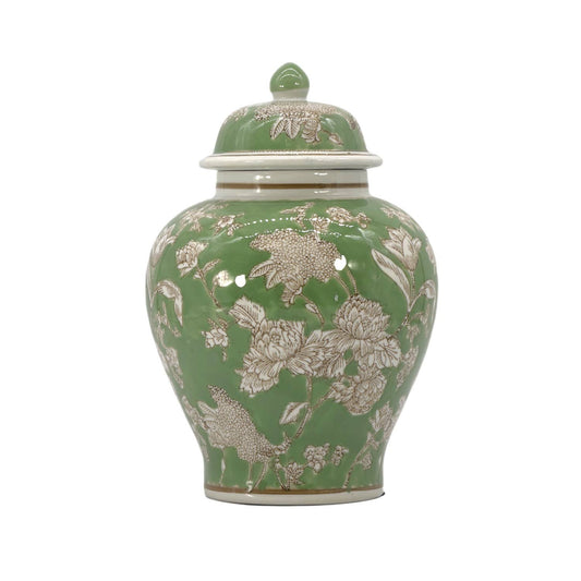 Green & White  Floral Peony Ceramic Chinoiserie Jar 12"