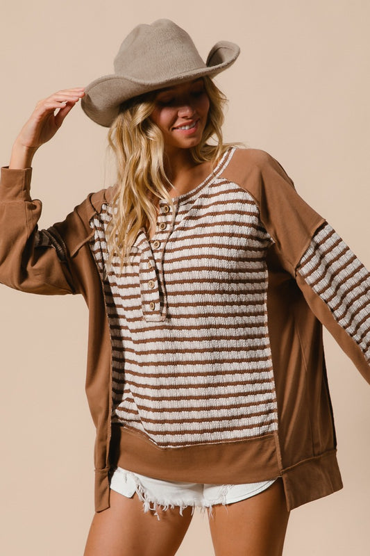 Striped Contrast Stitching Top Mocha