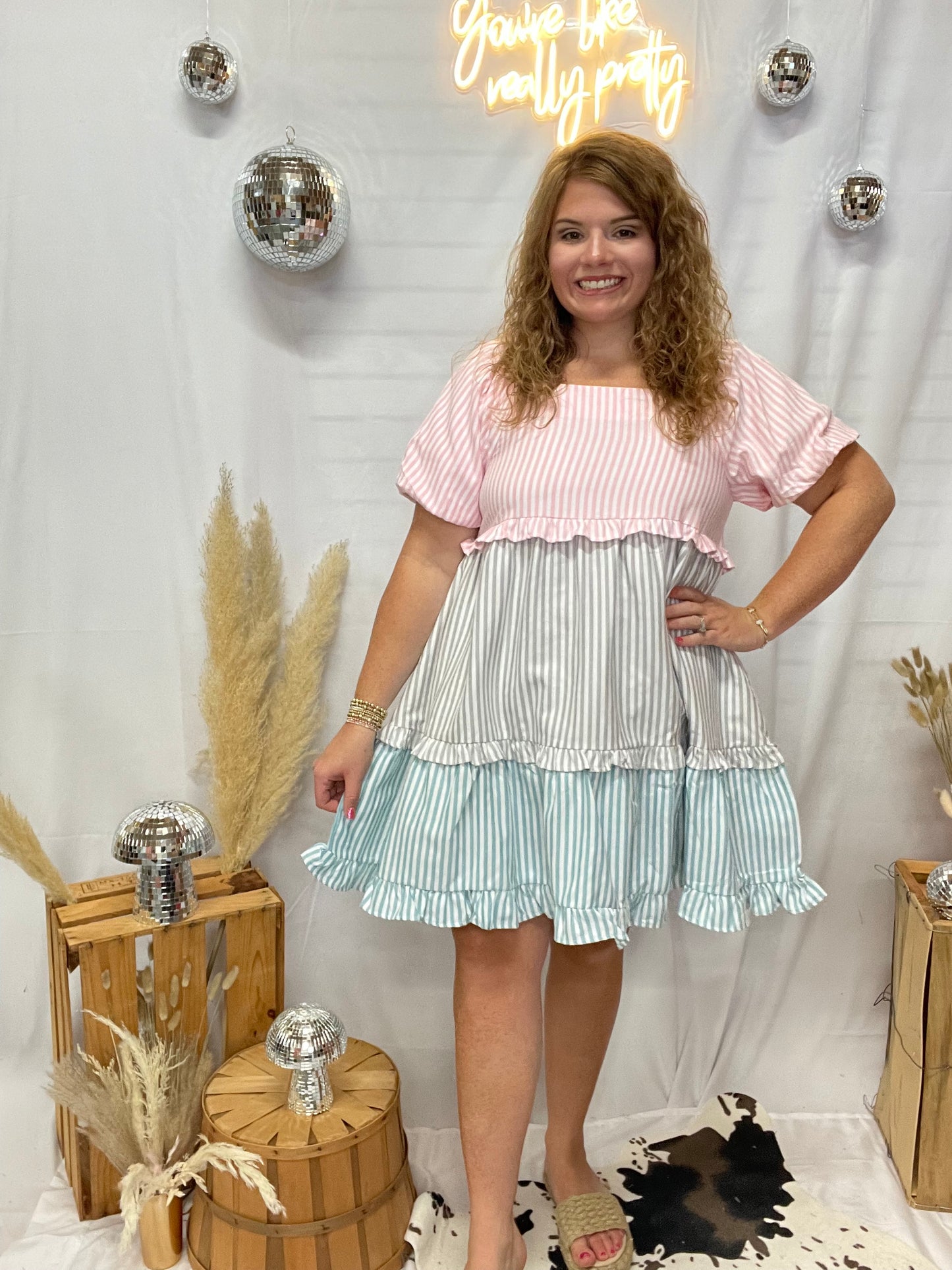 Puff Striped Colorblock Tiered Dress