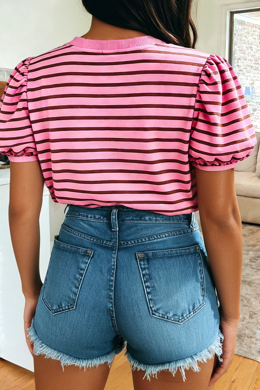 Stripe V Neck Short Puff Sleeve Tee