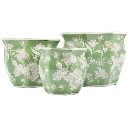 Ceramic Chinoiserie Planter Round Hex Green