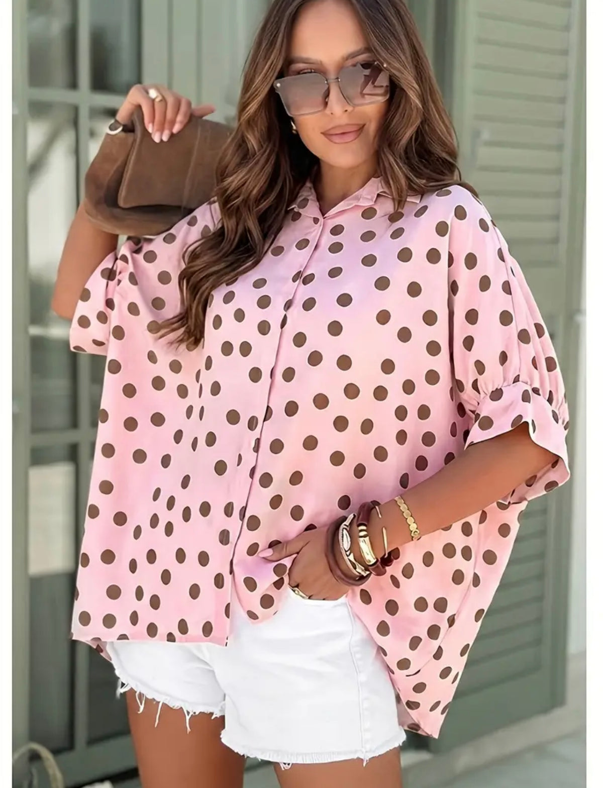 Plus Pink/Brown Polka Dot Button Up