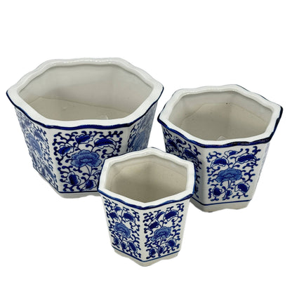 Blue & White Hexagon Floral Ceramic Ruffled Lip