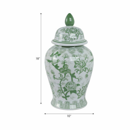 Ceramic Bird Flower Decorative Temple Jar - Green, 18 in.
