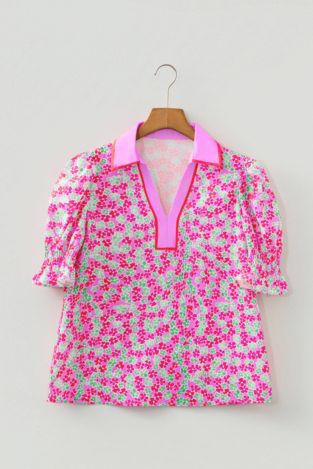 Floral Collared V-Neck Puff Sleeve