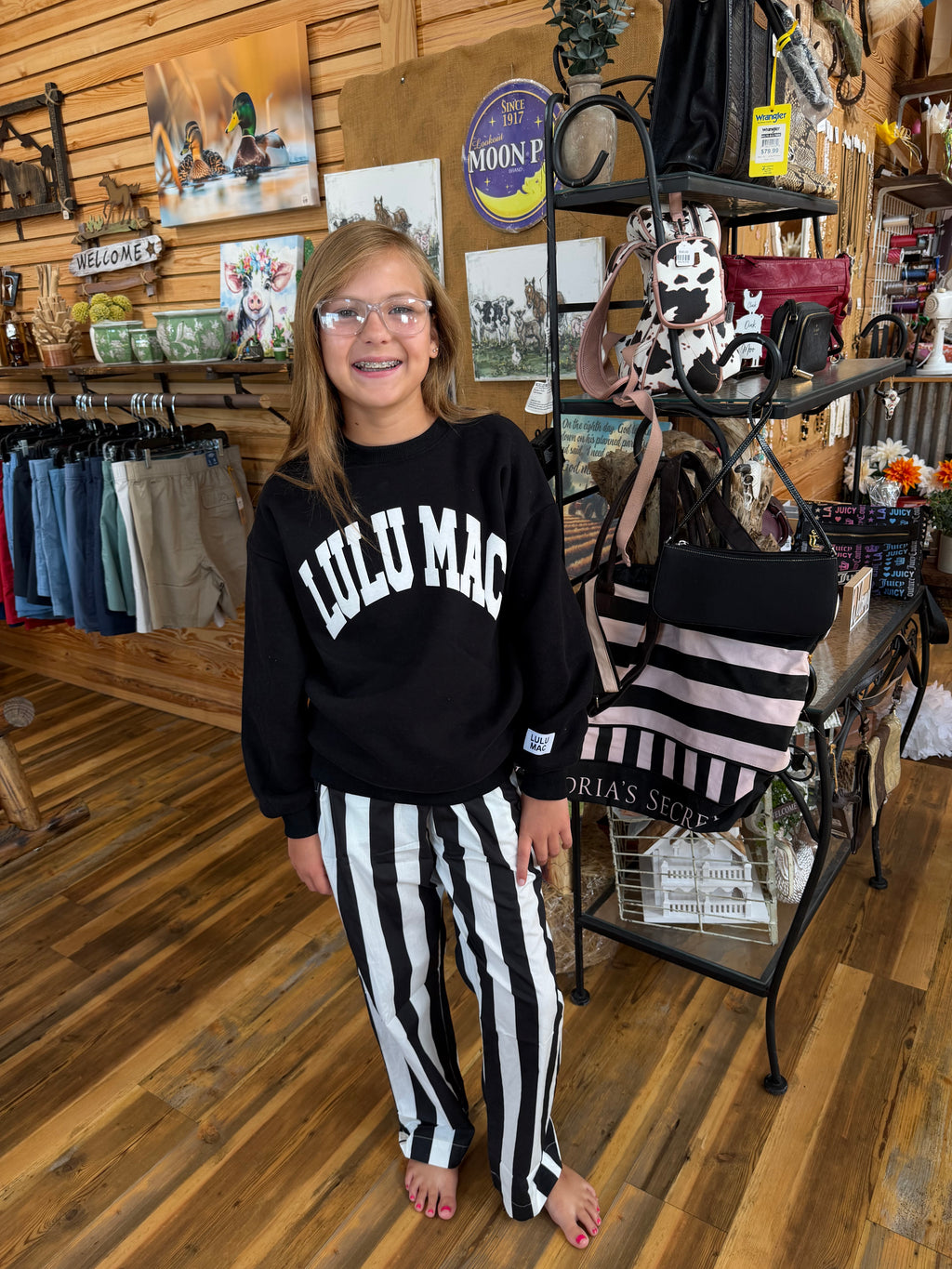Lulu Mac Black-Kids Pants: Black/White Striped