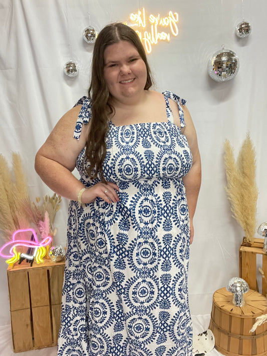 Plus Blue/White Smocked Maxi Dress