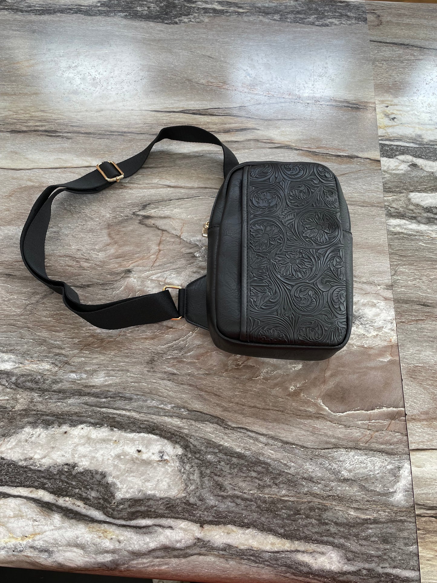 Black Handtooled Crossbody Sling Bag