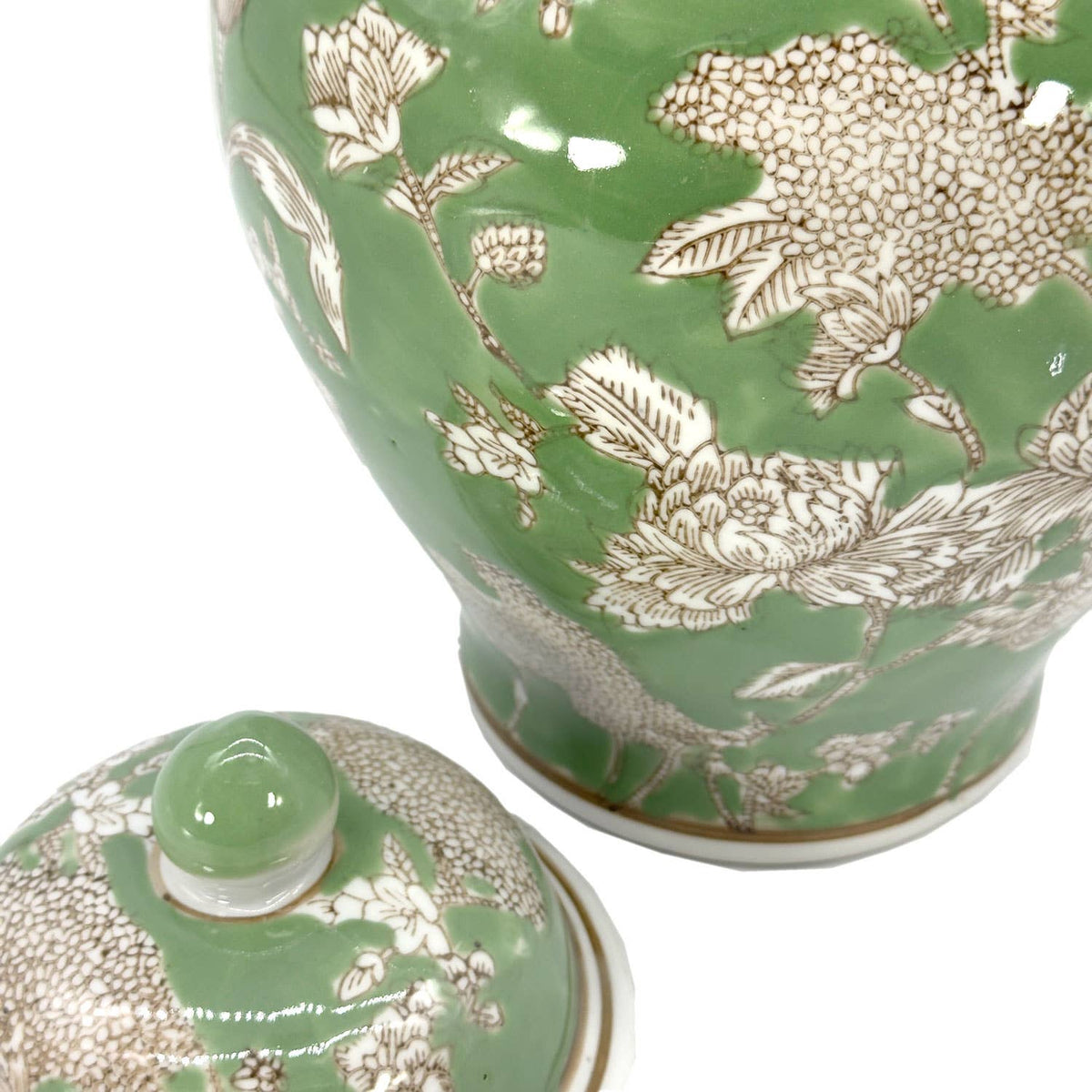 Green & White  Floral Peony Ceramic Chinoiserie Jar 12"