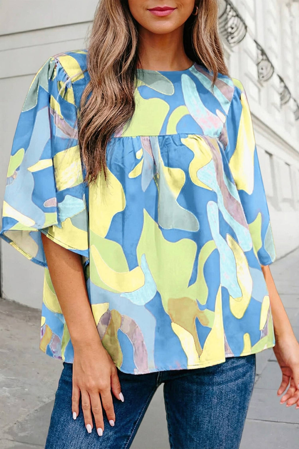 Abstract Print Wide Sleeve  Blouse