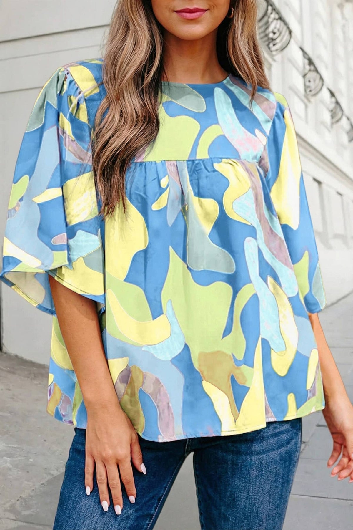 Abstract Print Wide Sleeve  Blouse