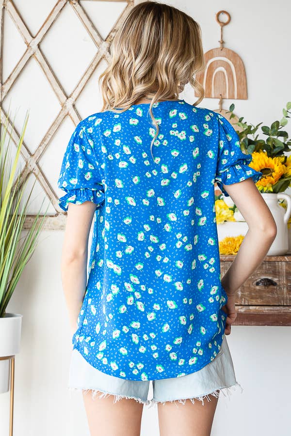 Plus Floral V-Neck, Ruffle Sleeves