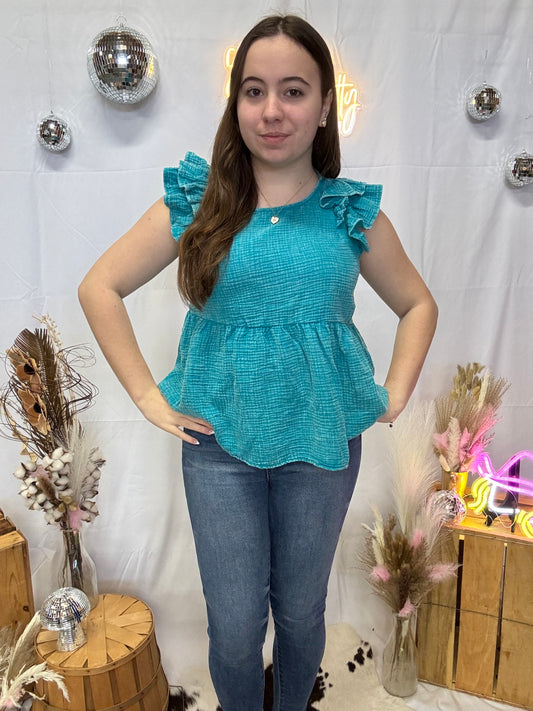 Zenana Washed Ruffle Sleeve Top Teal