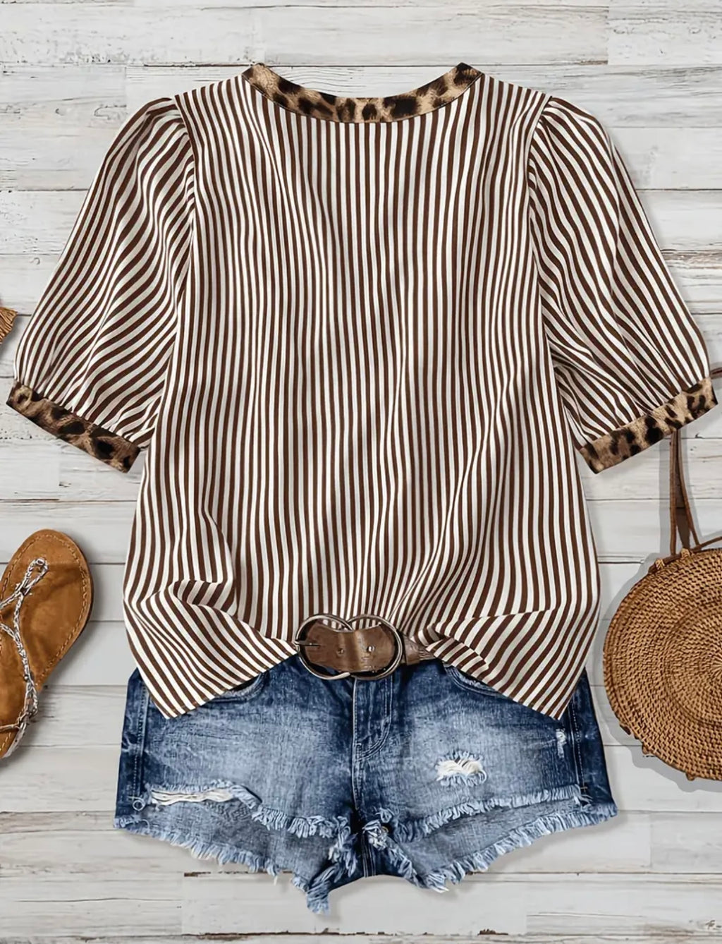 Plus Button Up Striped Cheetah Top