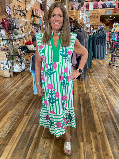 Mix Striped Floral Midi Dress