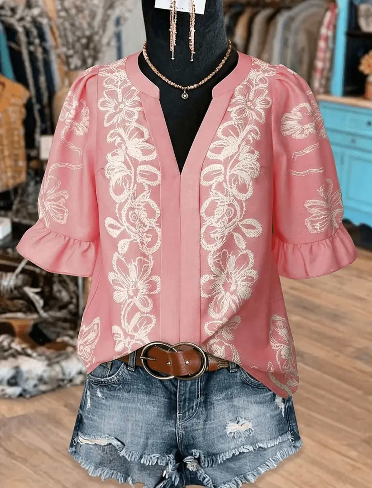 Plus Pink Floral V-Neck Blouse