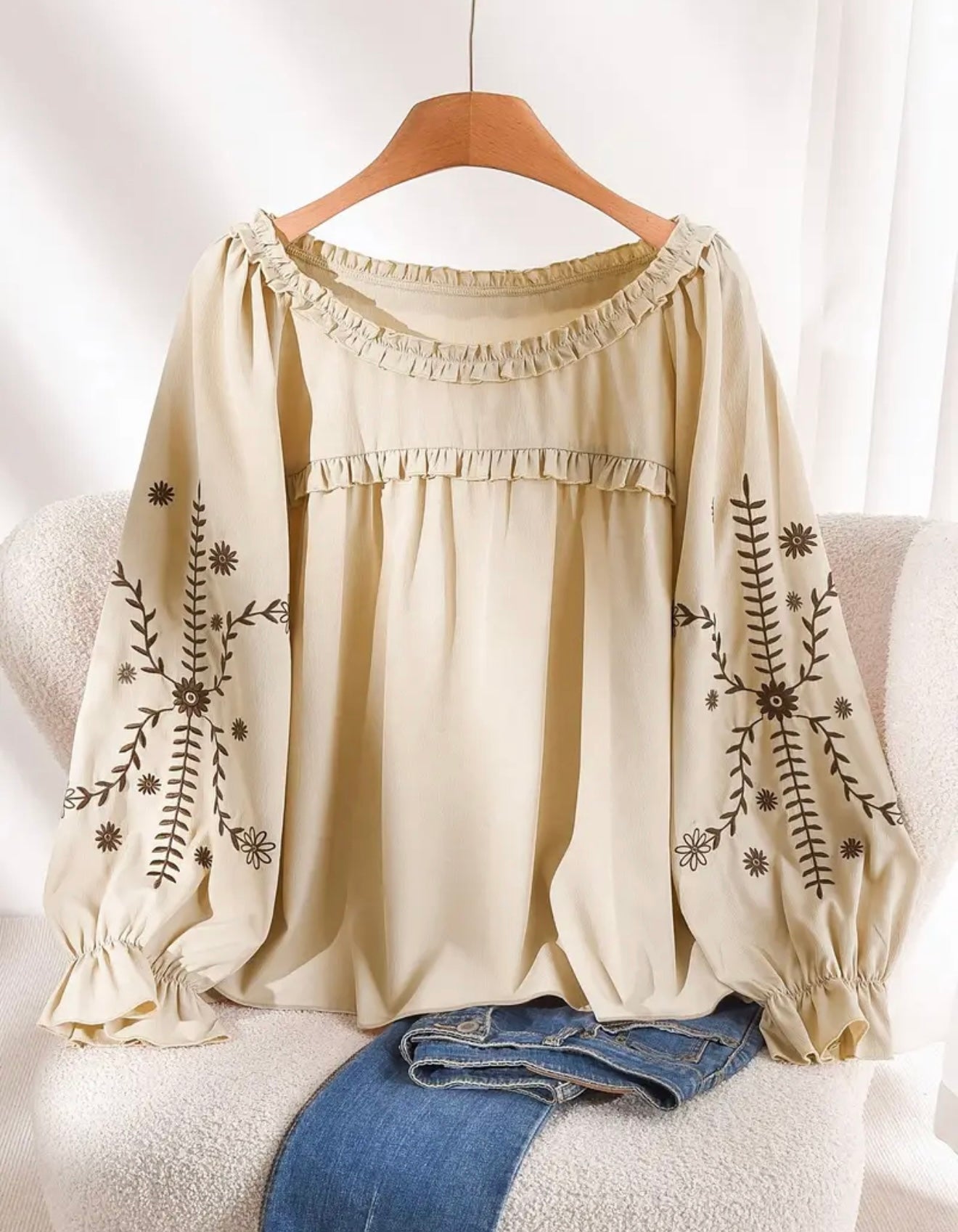 Plus Embroidered Ruffle Blouse Wheat