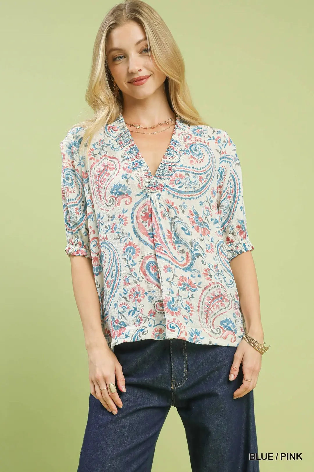 Plus Smocked V-Neck Paisley Top