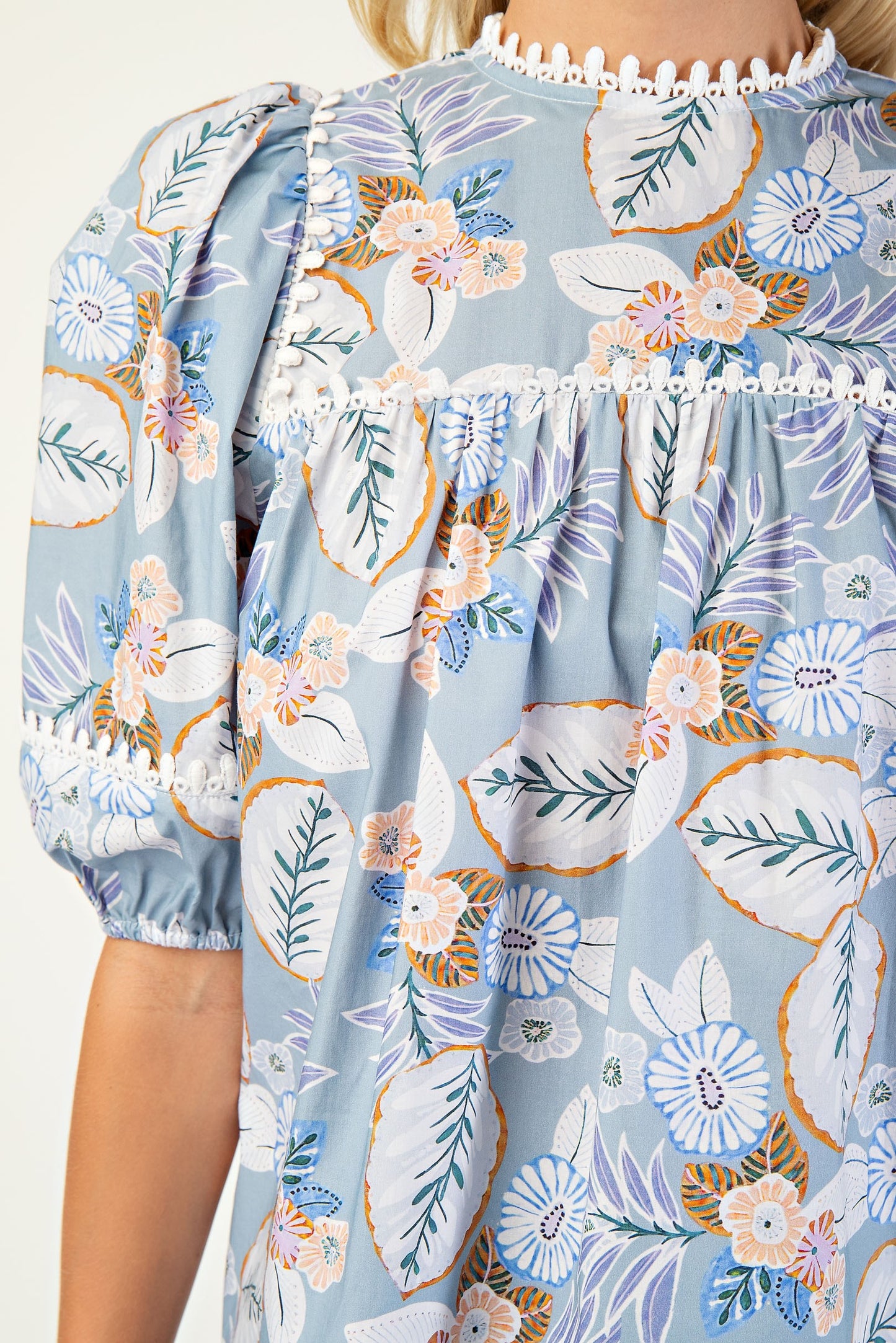 Balloon Sleeve Printed Top-Blue