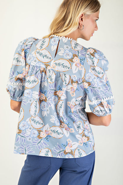 Balloon Sleeve Printed Top-Blue