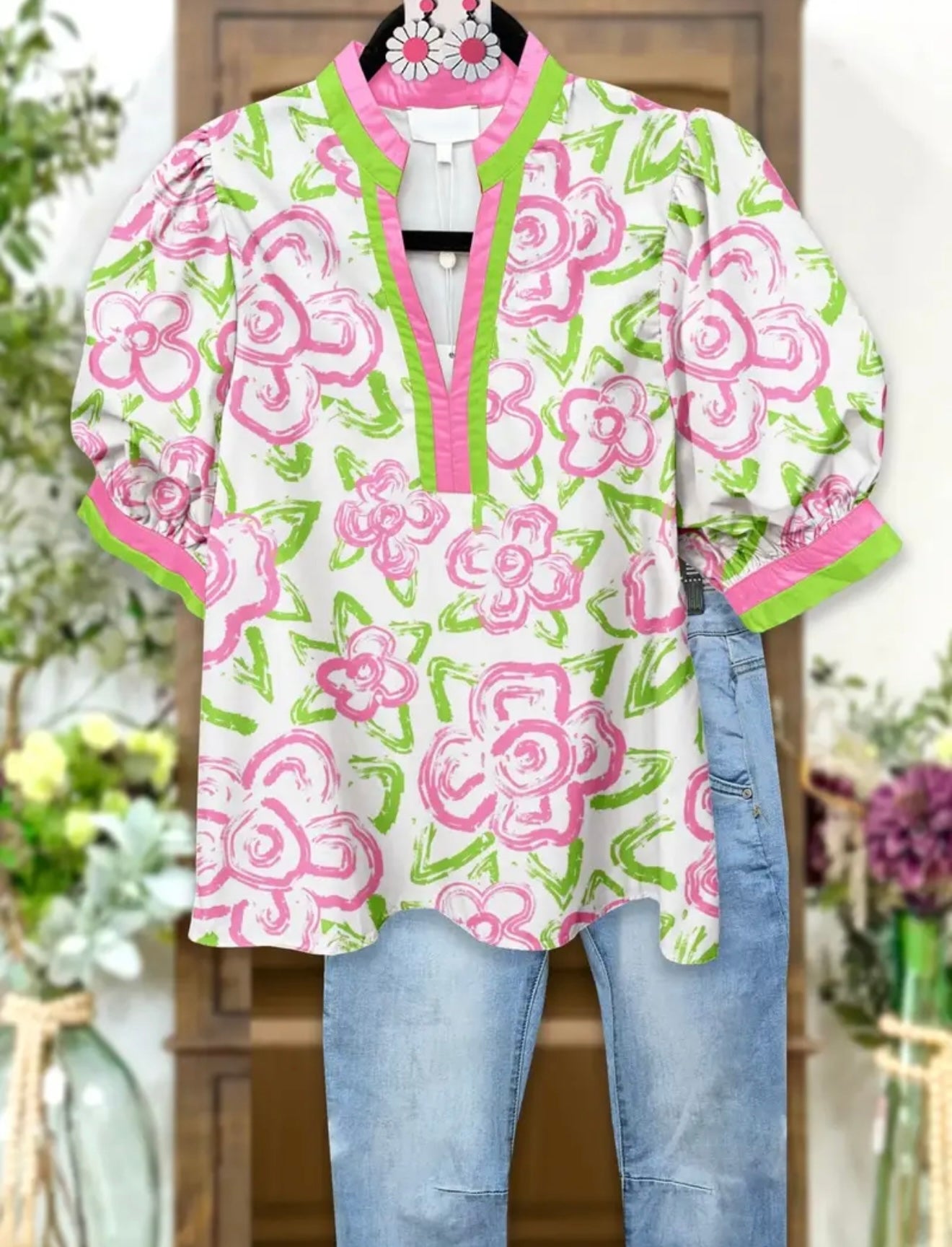 Plus Pink/Green Floral Blouse