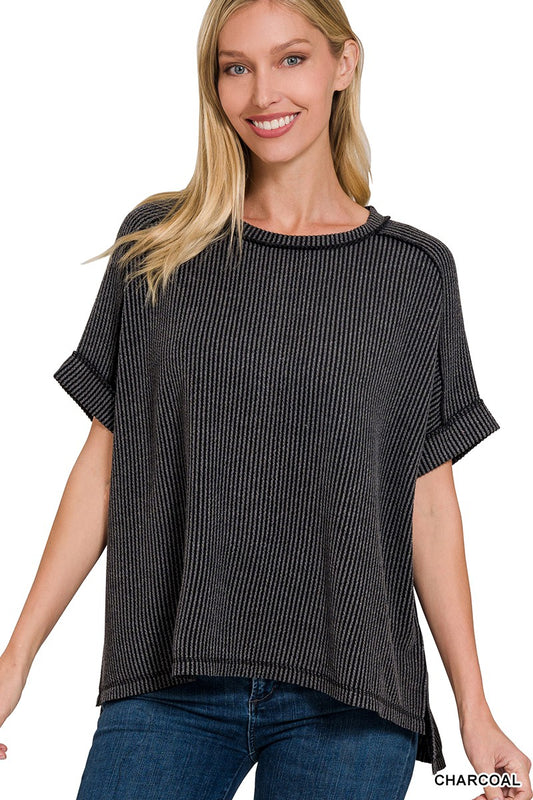 Rib Cuff Sleeve Top-Charcoal