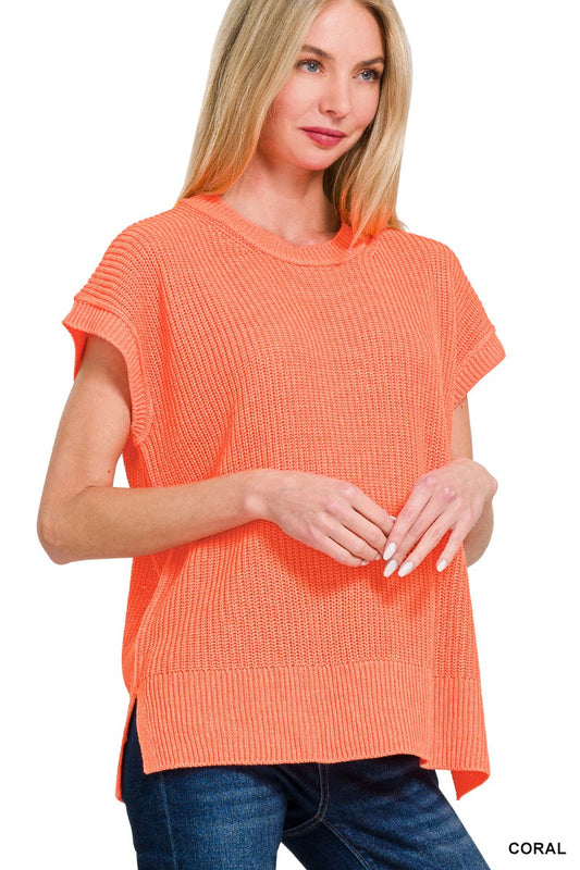 Crew Neck Short Sleeve Sweater Coral