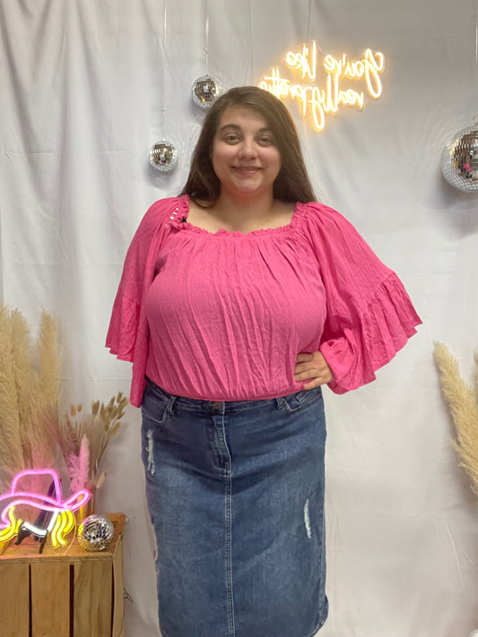 Pink Bell Sleeve Off Shoulder Blouse