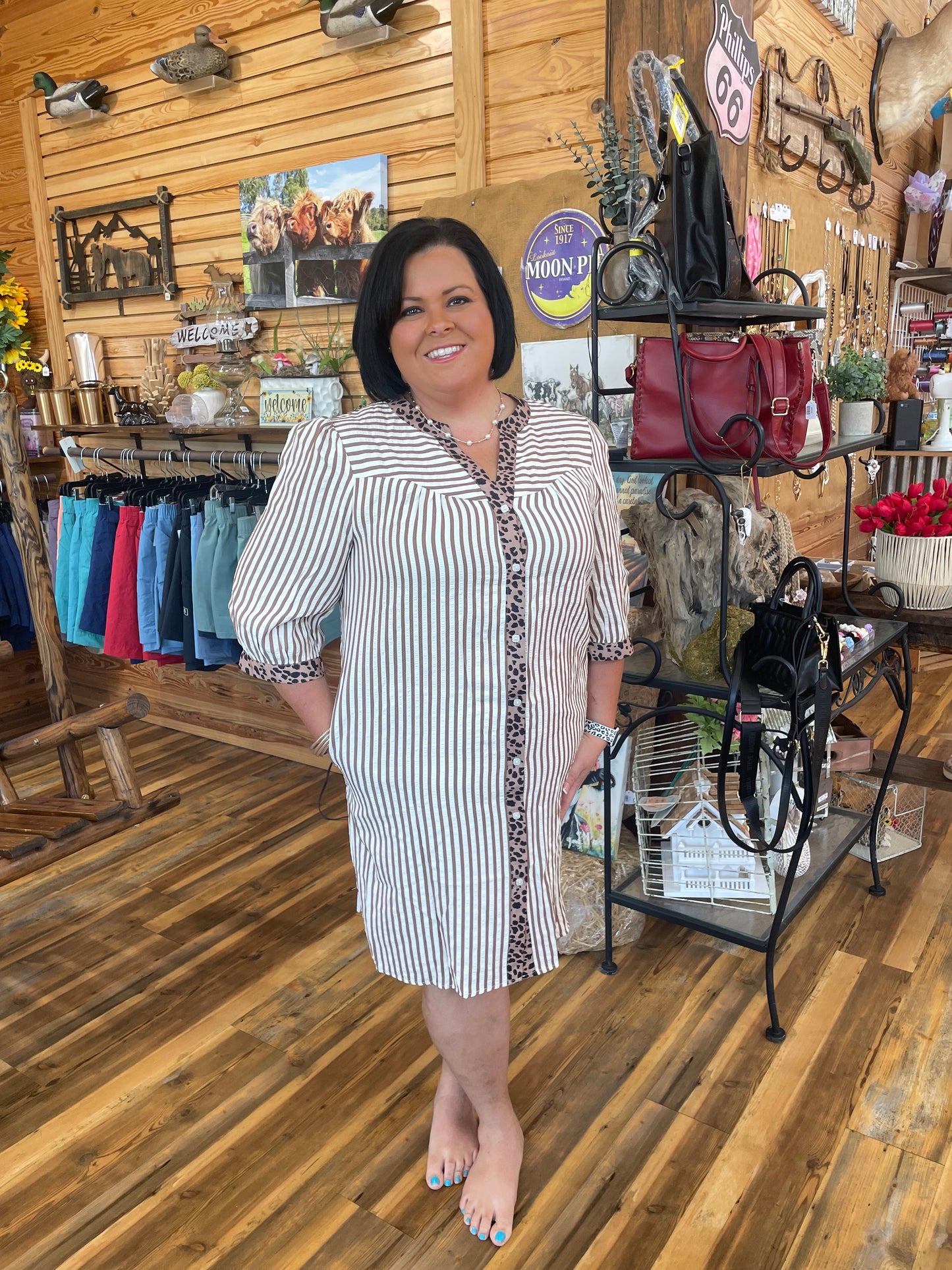 Stripe Leopard Trim Shirt Dress