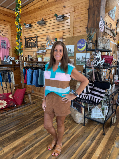 Striped Colorblock Knit V-Neck Top