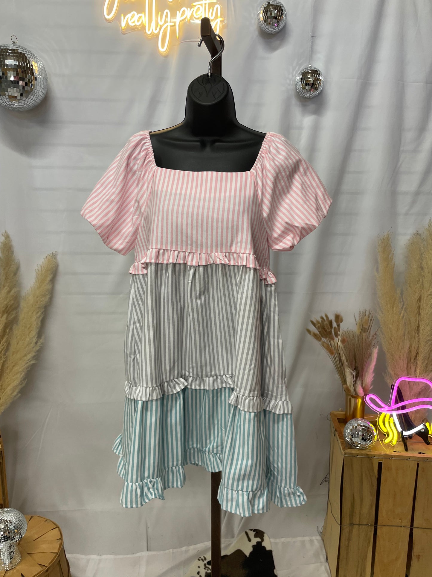 Puff Striped Colorblock Tiered Dress