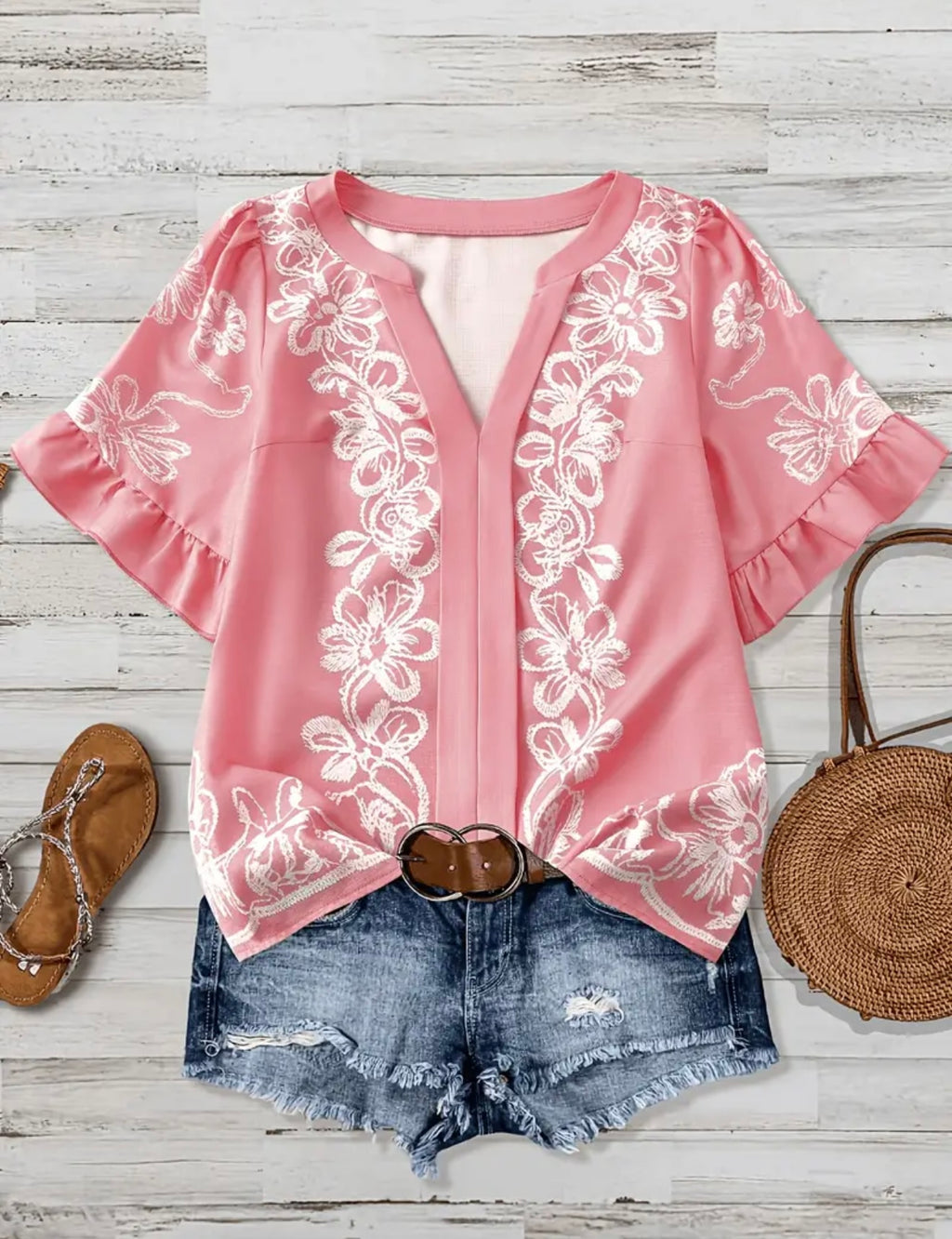 Plus Pink Floral V-Neck Blouse