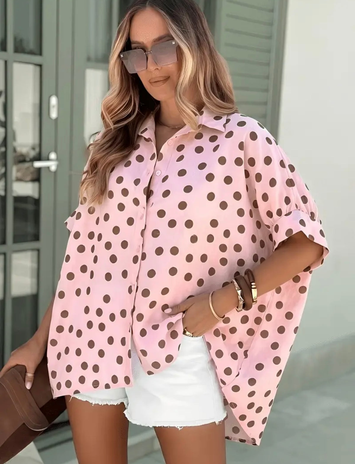 Plus Pink/Brown Polka Dot Button Up