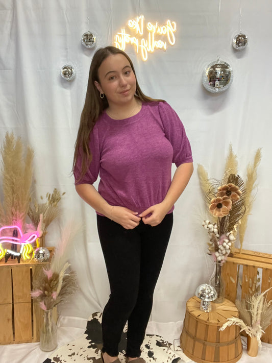 Sweater with Puff Sleeves - Light Plum