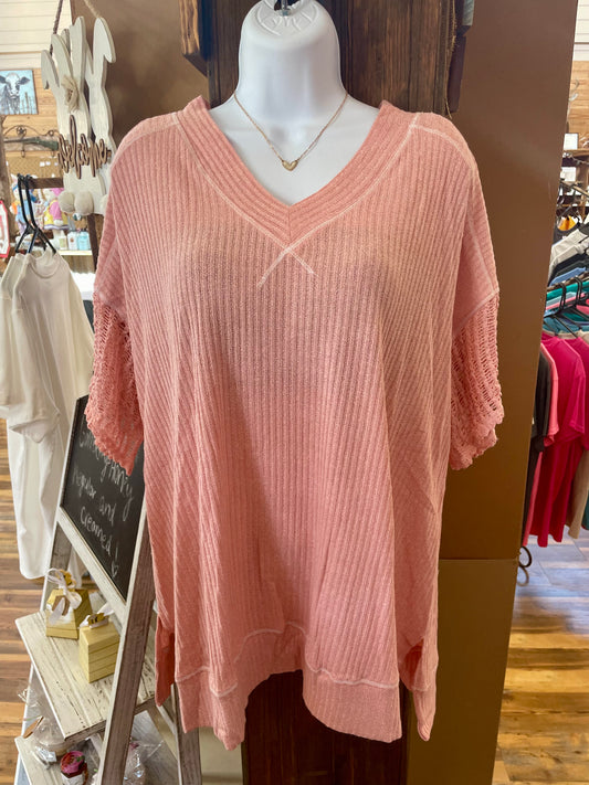 Plus Net Sleeved Top Coral